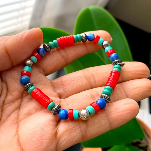 Gemstone bracelet. sterling silver. Stretch. Red coral turquoise lapis lazuli - Picture 2 of 4